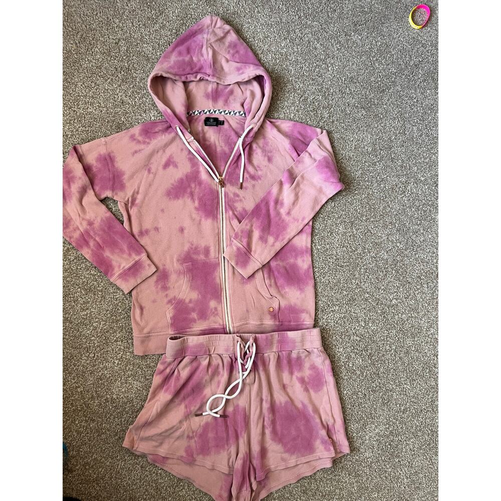 Volcom Tie Dye Lounge Set Pink Purple Zip Up Hoodie Medium Shorts Large 2 Piece
